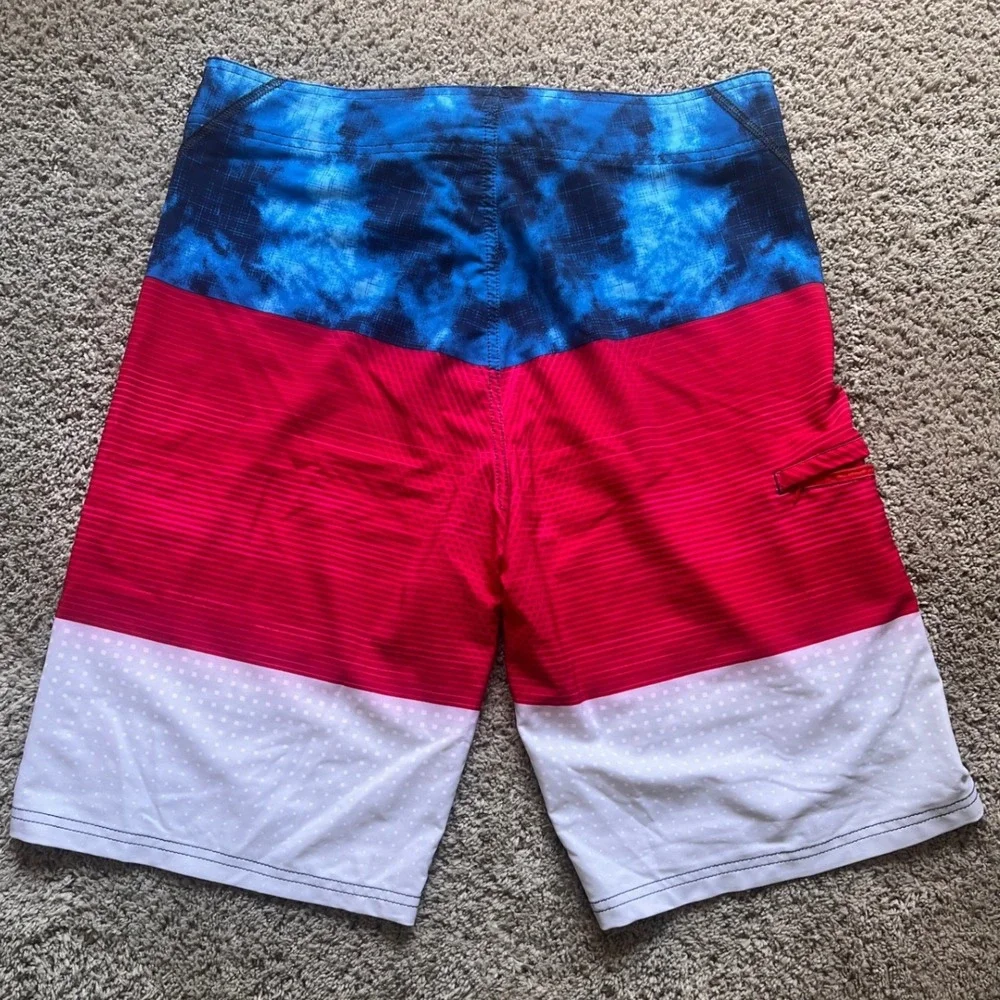 Joe Boxer Board‎ Shorts Mens 32 Red White Blue Tie Dye Surf